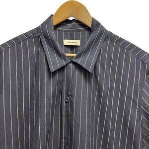 Sandro Men's Size XL Navy Blue Striped Viscose Polyamide Button Front S/S Shirt